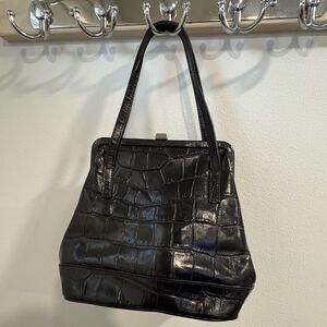 Unique Vintage Sleek Black Crocodile-Embossed Hand  Bag